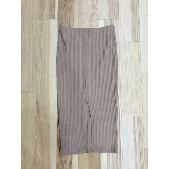 H&M Taupe Brown Ribbed Midi Skirt With Front Slit Stretch Size M - Picture 2 of 4